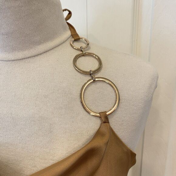 Vtg ASOS Gold Bronze Colorblock Top Silky Satin Halter Backless Wrap Crop Sz 12 - Picture 4 of 7